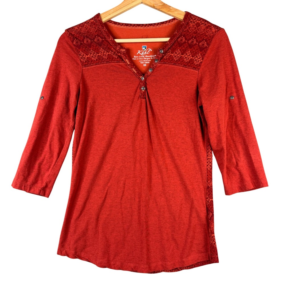Kuhl Kiana Henley Top Womens XS Burnt Orange 3/4 Roll Tab Sleeve Geometric Print